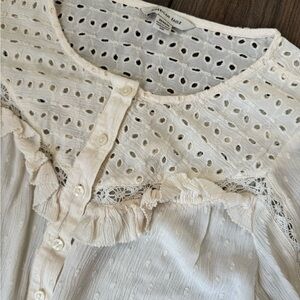 American Eagle Outfitters Cream Eyelet Ruffle Button-Up Blouse